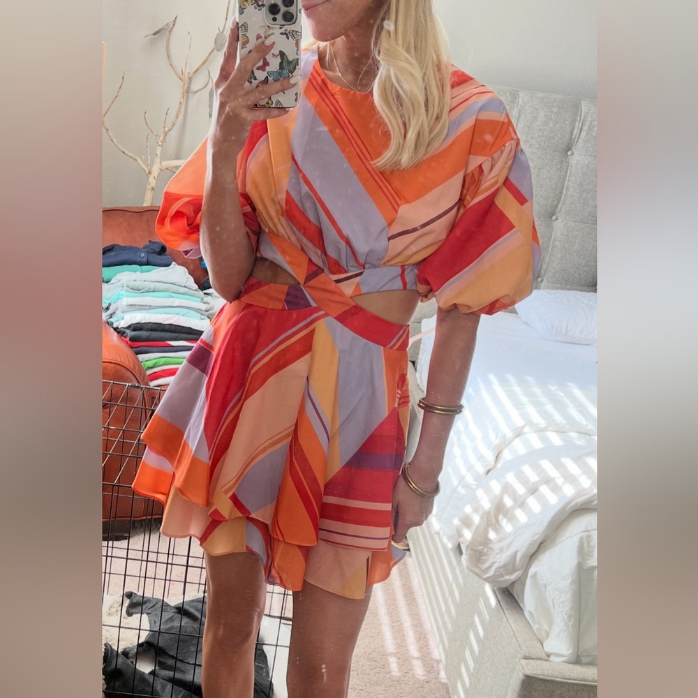 Colorful Cut Out Puff Sleeve Mini Dress